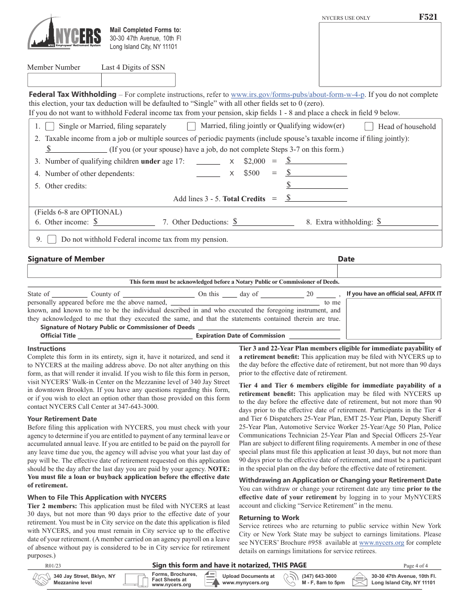 Form F521 Application for Service Retirement Tier 2, 3, 4 and 6 Members - New York City, Page 4