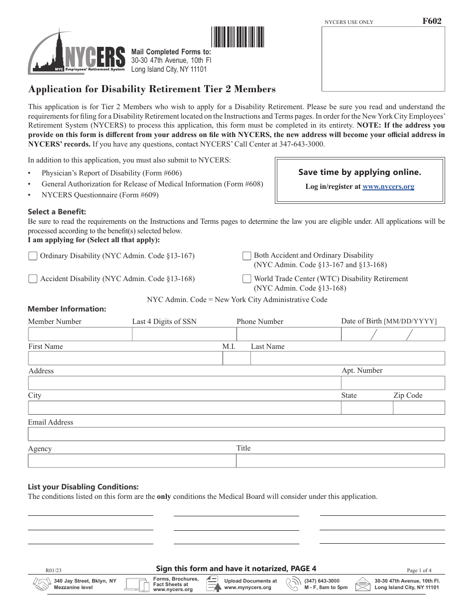 Form F602 Application for Disability Retirement Tier 2 Members - New York City, Page 1