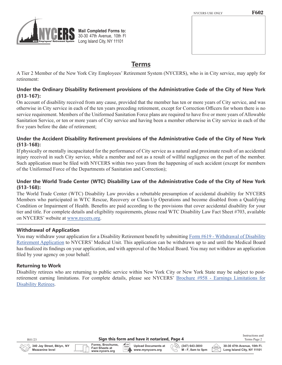 Form F602 Application for Disability Retirement Tier 2 Members - New York City, Page 6