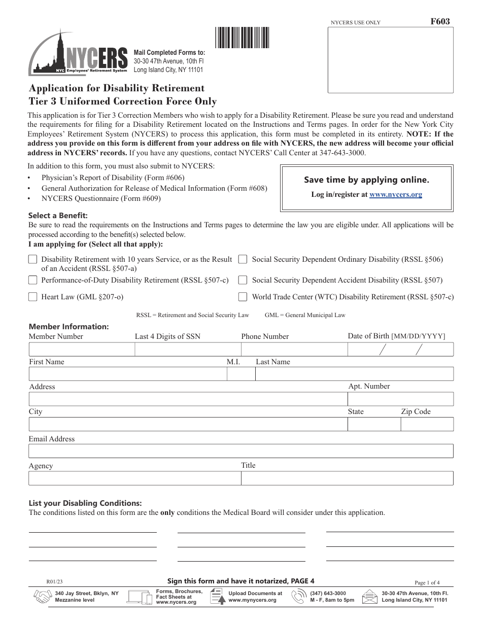Form F603 Application for Disability Retirement Tier 3 Uniformed Correction Force Only - New York City, Page 1