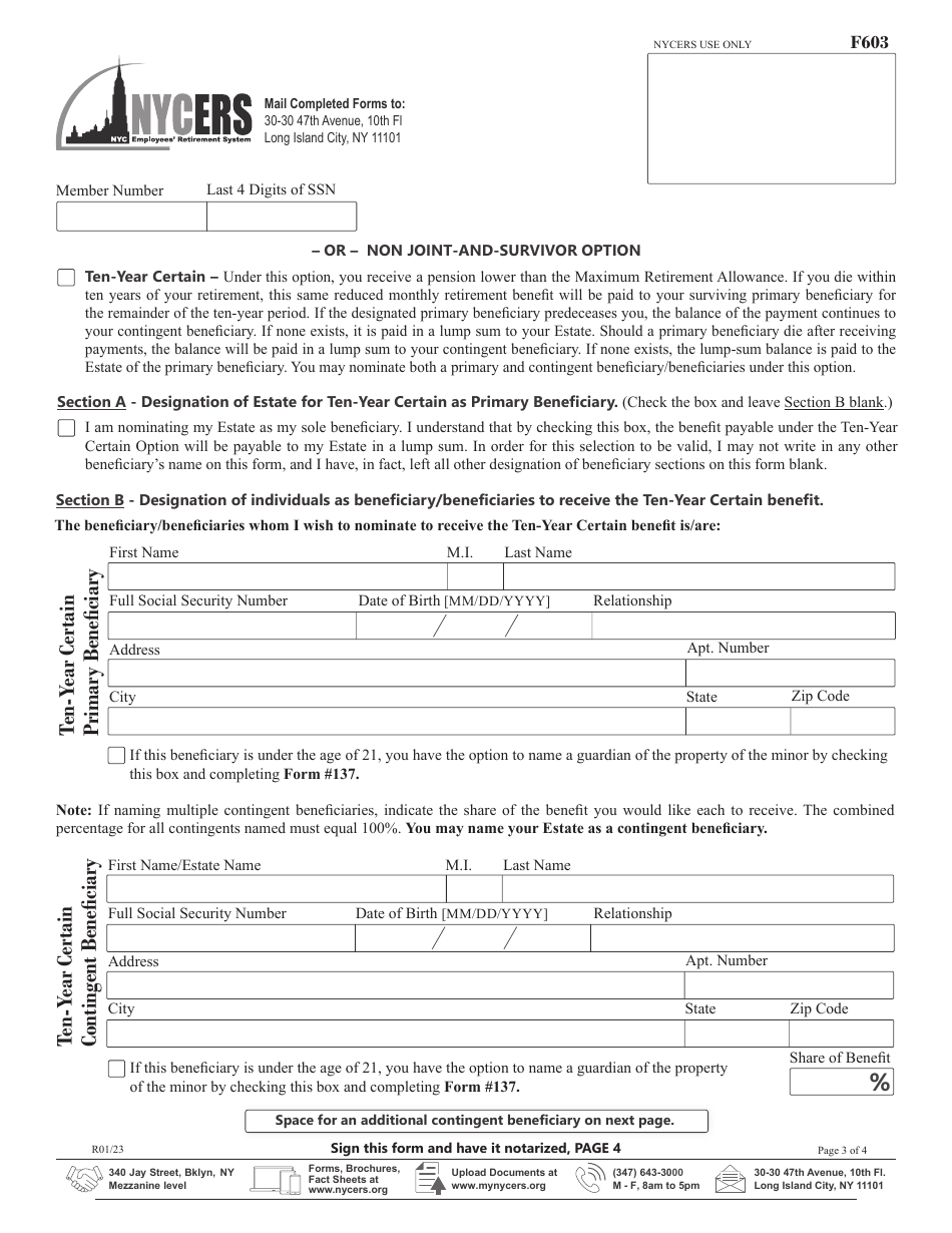 Form F603 Application for Disability Retirement Tier 3 Uniformed Correction Force Only - New York City, Page 3