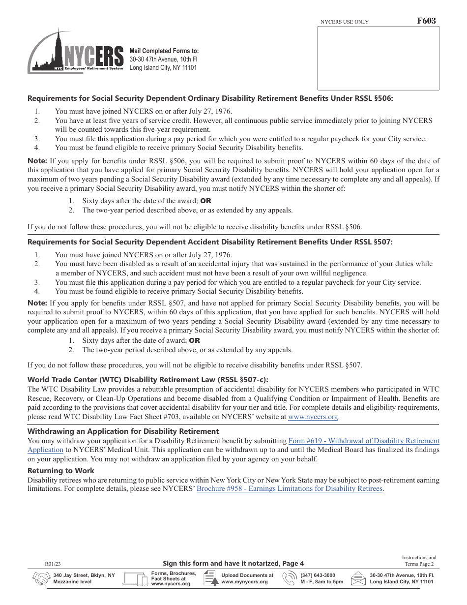 Form F603 Application for Disability Retirement Tier 3 Uniformed Correction Force Only - New York City, Page 6