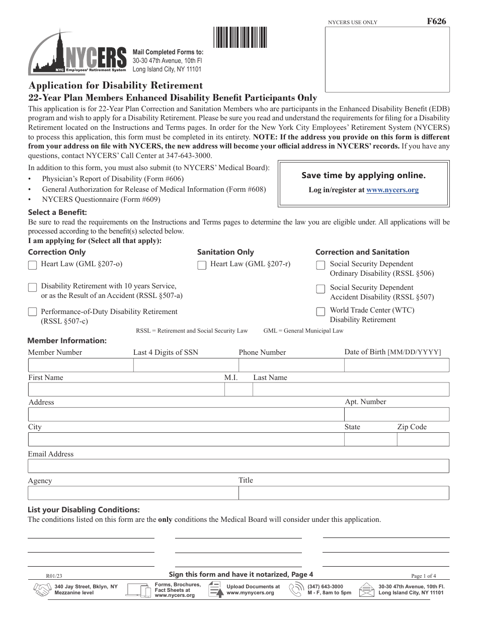 Form F626 Application for Disability Retirement 22-year Plan Members Enhanced Disability Benefit Participants Only - New York City, Page 1
