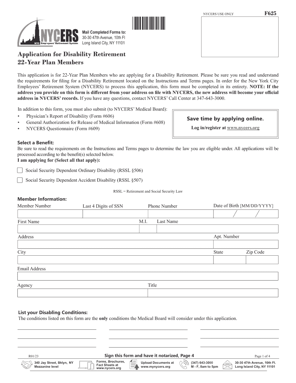 Form F625 Application for Disability Retirement 22-year Plan Members - New York City, Page 1