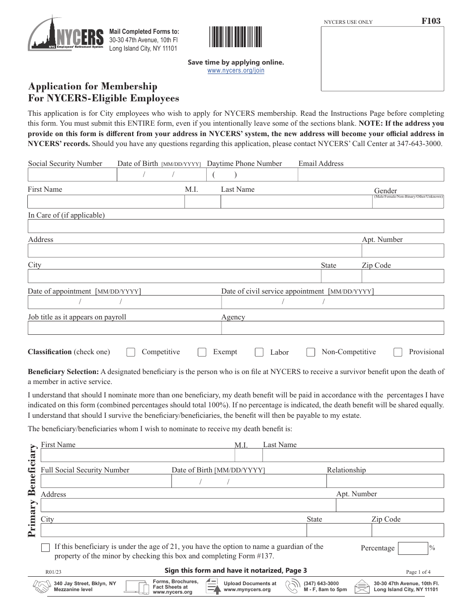 Form F103 Application for Membership for Nycers-Eligible Employees - New York City, Page 1