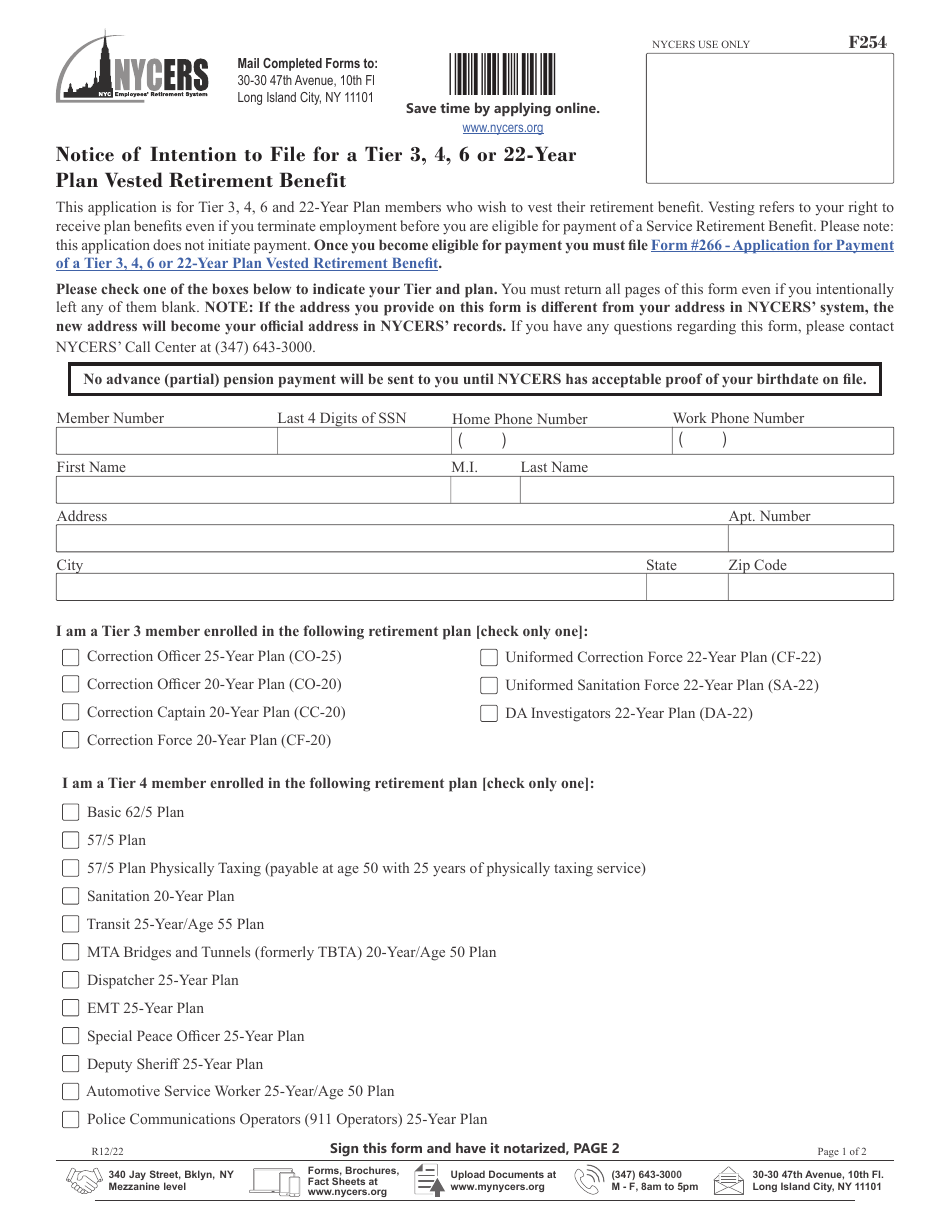 Form F254 Notice of Intention to File for a Tier 3, 4, 6 or 22-year Plan Vested Retirement Benefit - New York City, Page 1