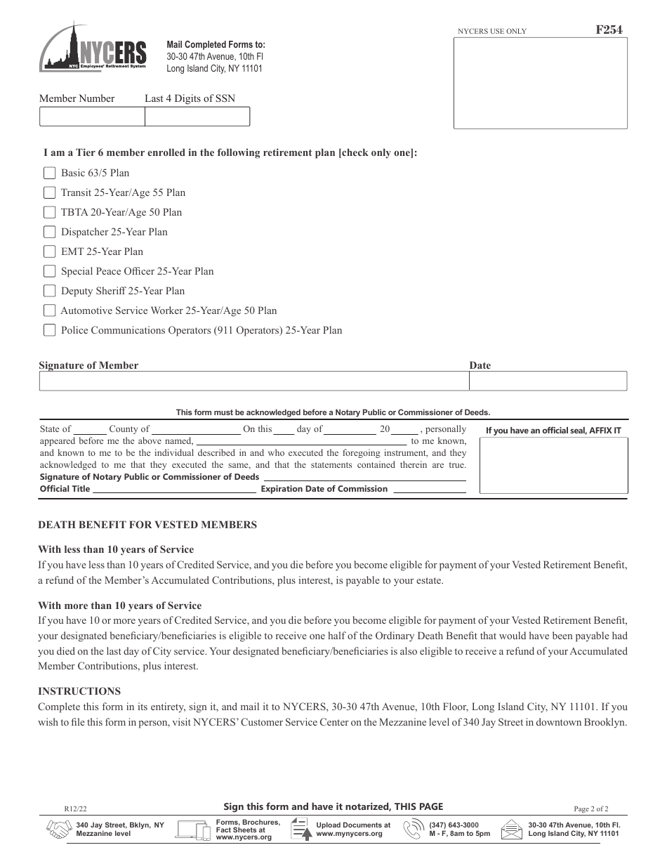 Form F254 Notice of Intention to File for a Tier 3, 4, 6 or 22-year Plan Vested Retirement Benefit - New York City, Page 2