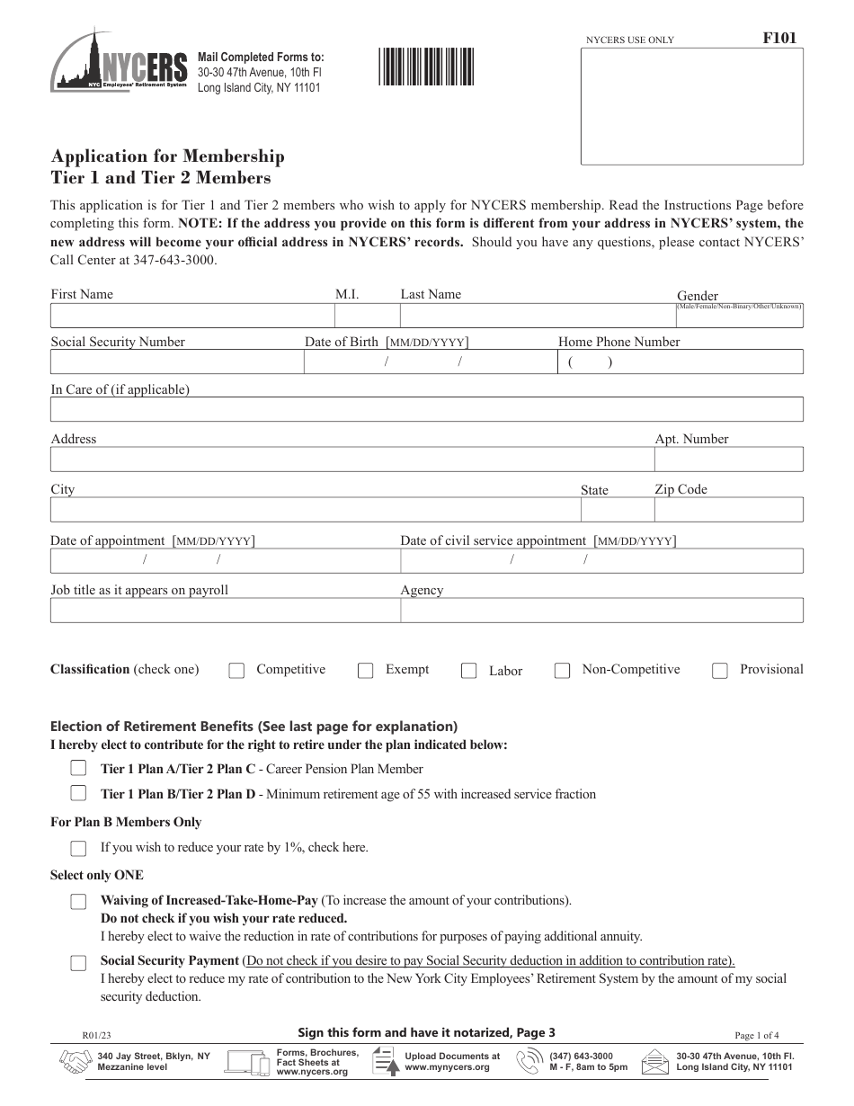 Form F101 Application for Membership - Tier 1 and Tier 2 Members - New York City, Page 1