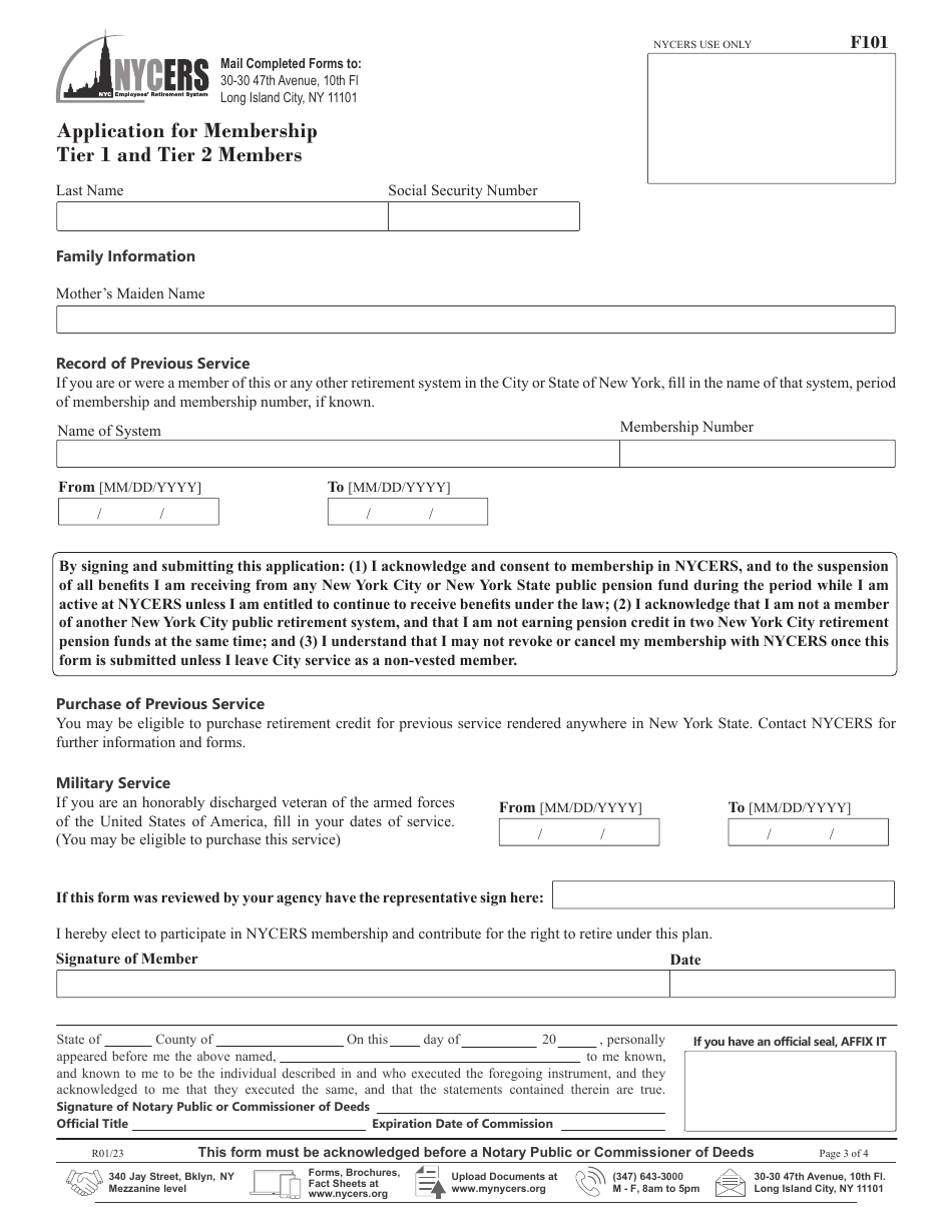 Form F101 Application for Membership - Tier 1 and Tier 2 Members - New York City, Page 3
