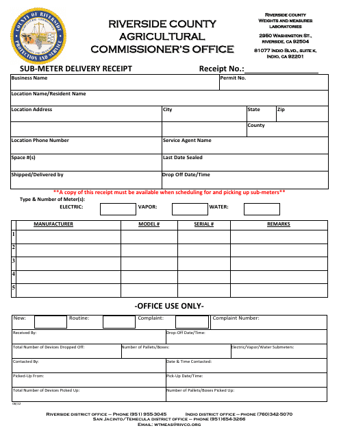 Sub-meter Delivery Receipt - County of Riverside, California Download Pdf