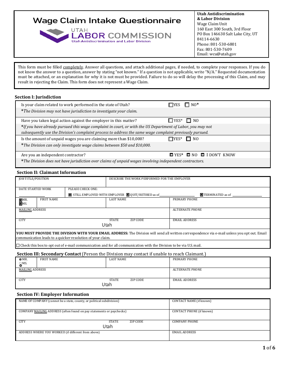 Wage Claim Intake Questionnaire - Utah, Page 1