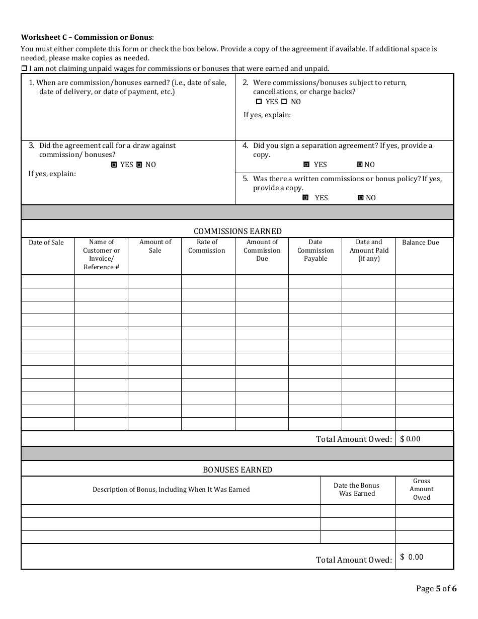 Wage Claim Intake Questionnaire - Utah, Page 5