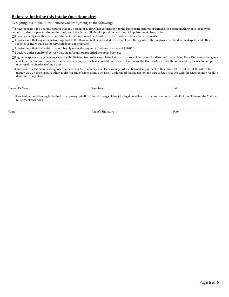 Utah Wage Claim Intake Questionnaire - Fill Out, Sign Online And 