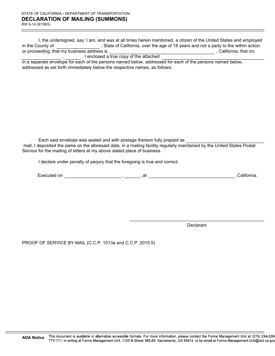 Form RW9-14 Declaration of Mailing (Summons) - California, Page 1