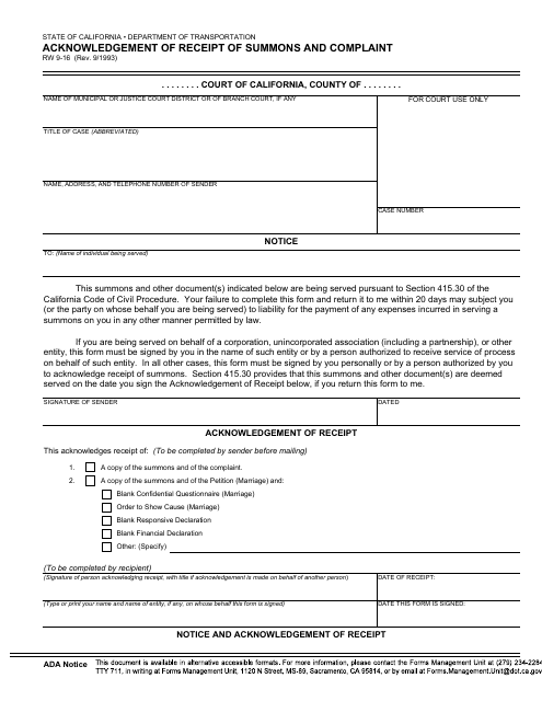 Form RW9-16 Acknowledgement of Receipt of Summons and Complaint - California