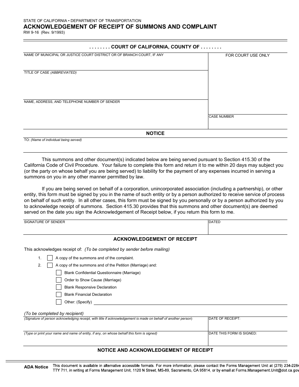 Form RW9-16 Acknowledgement of Receipt of Summons and Complaint - California, Page 1