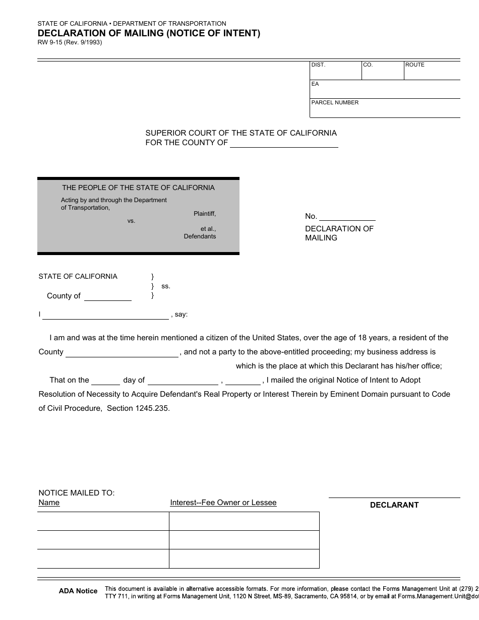 Form RW9-15 Declaration of Mailing (Notice of Intent) - California, Page 1