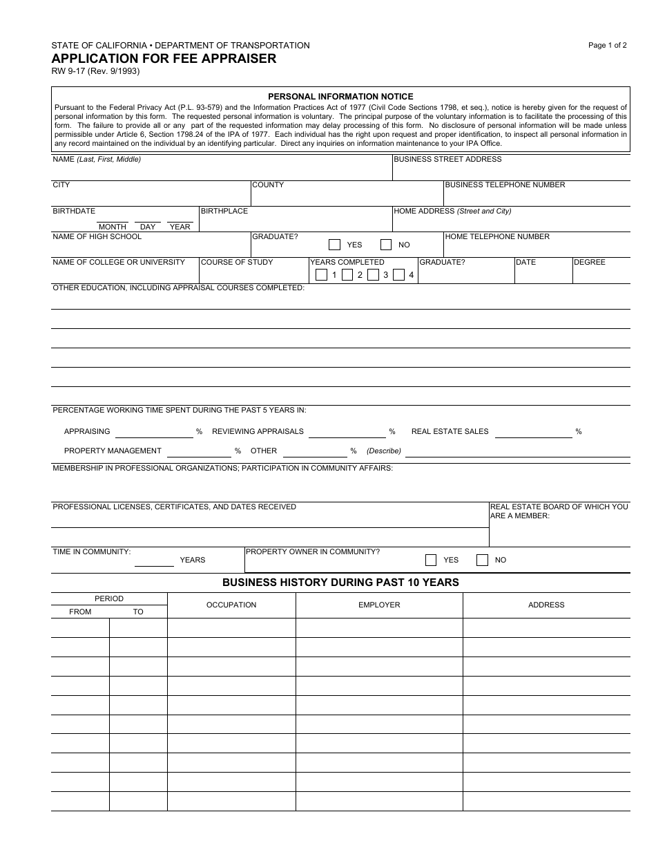 Form RW9-17 Application for Fee Appraiser - California, Page 1