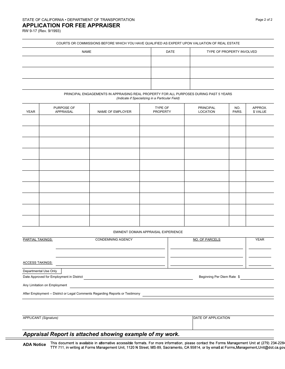 Form RW9-17 Application for Fee Appraiser - California, Page 2