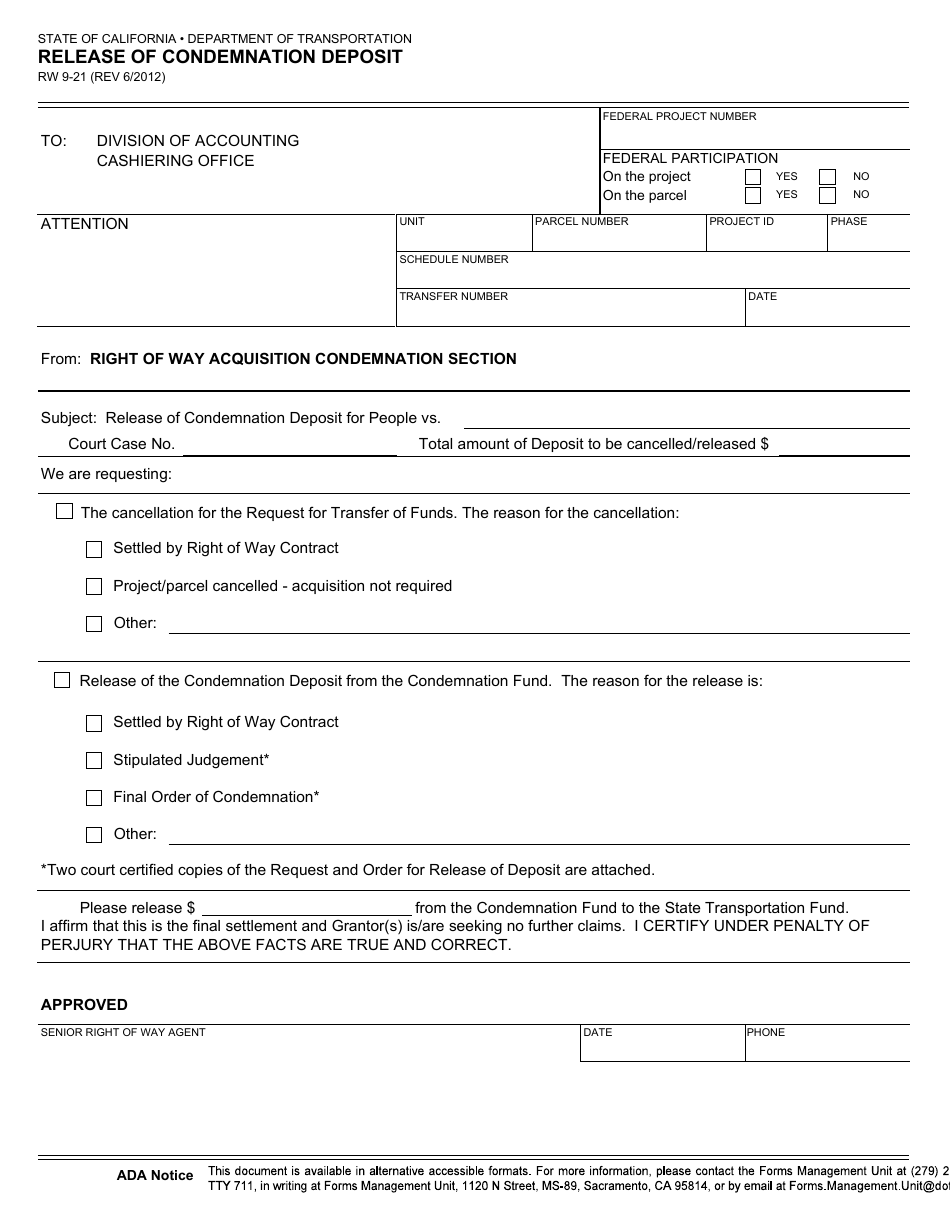 Form RW9-21 Release of Condemnation Deposit - California, Page 1