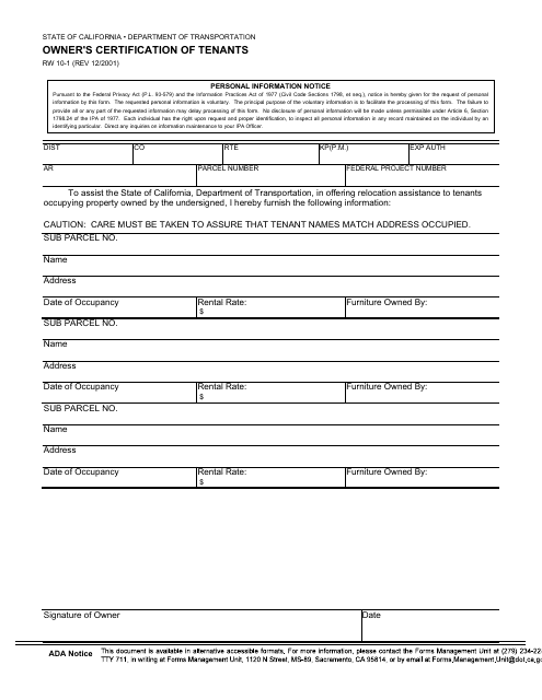 Form RW10-1 Owner's Certification of Tenants - California