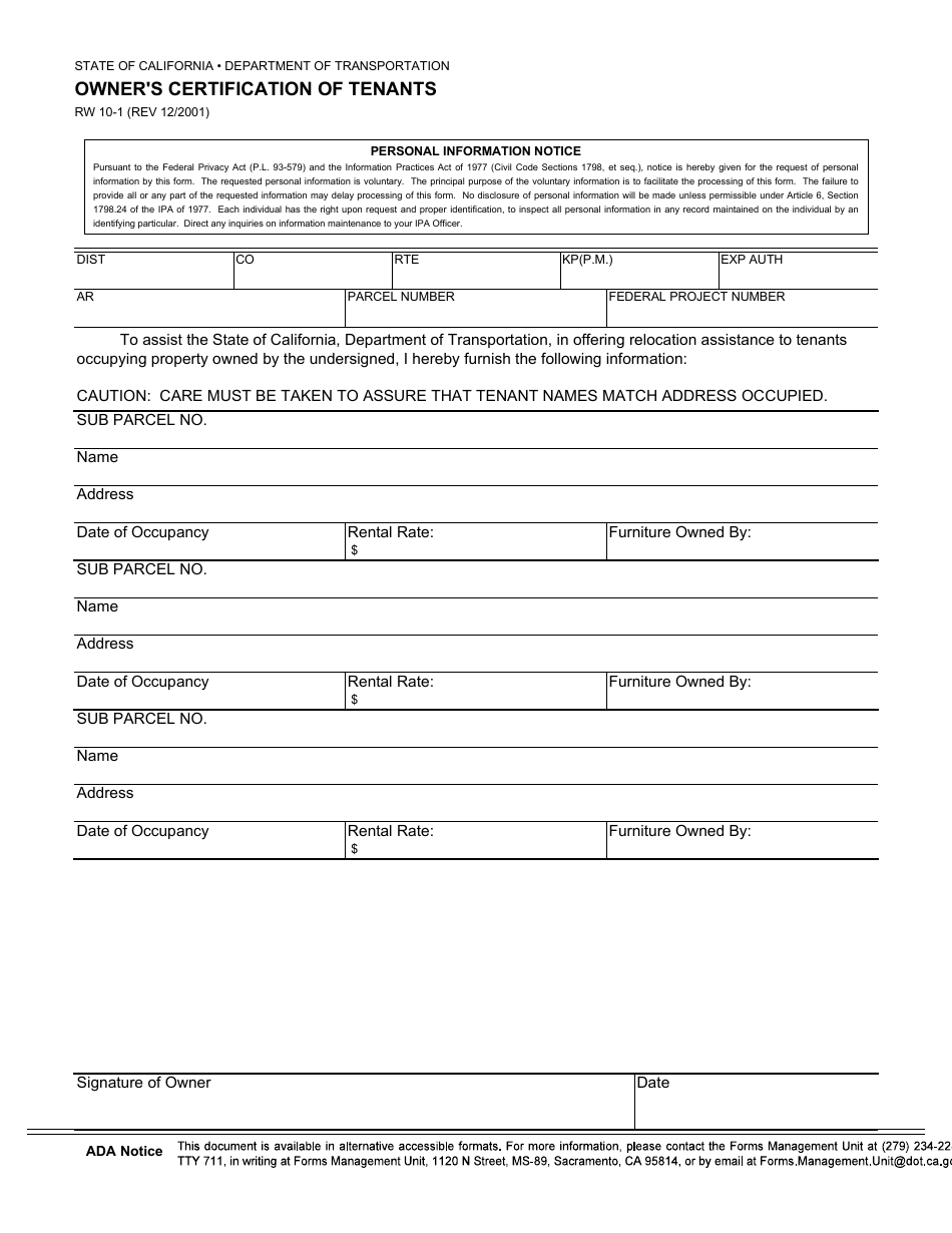 Form RW10-1 Owners Certification of Tenants - California, Page 1