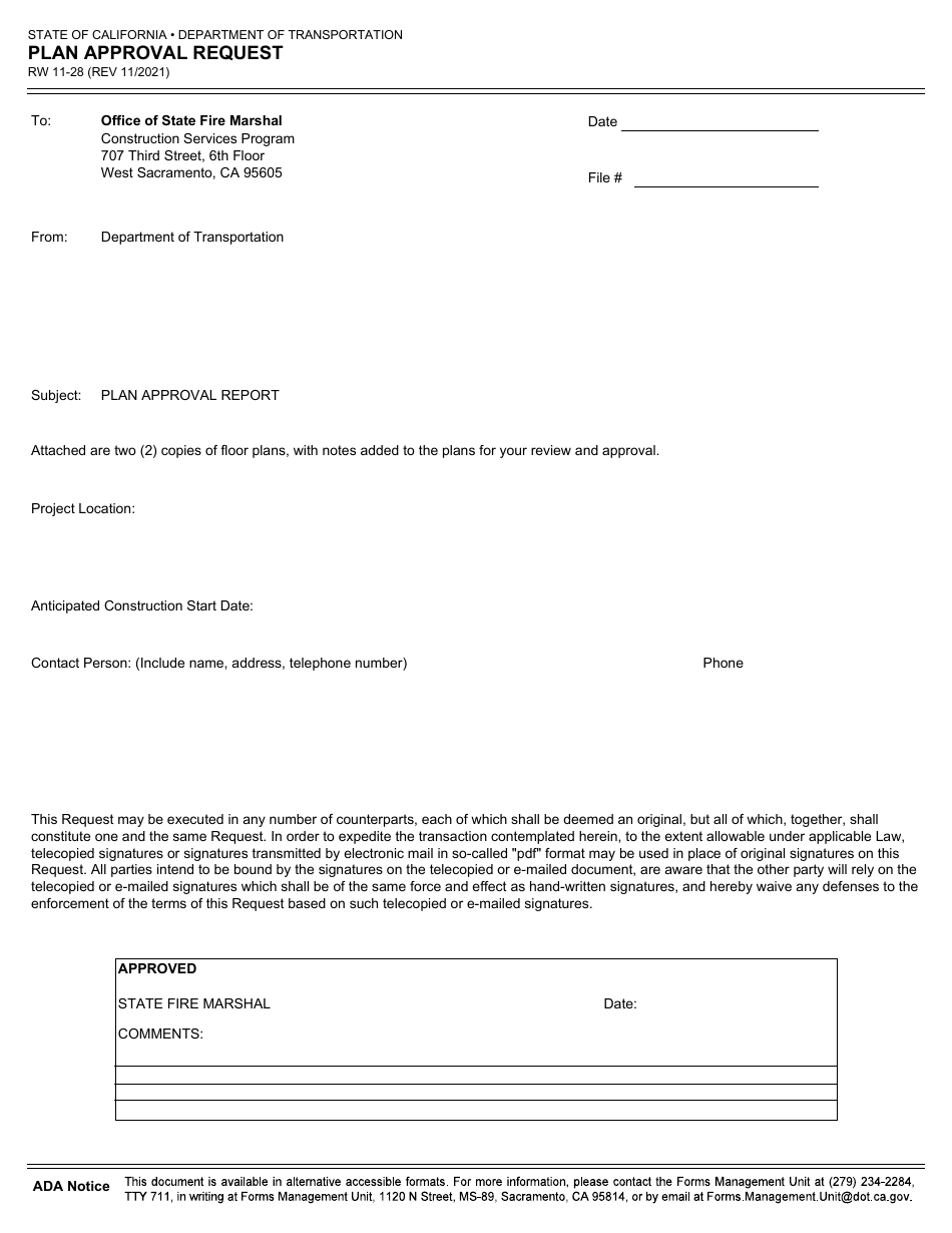Form RW11-28 Plan Approval Request - California, Page 1