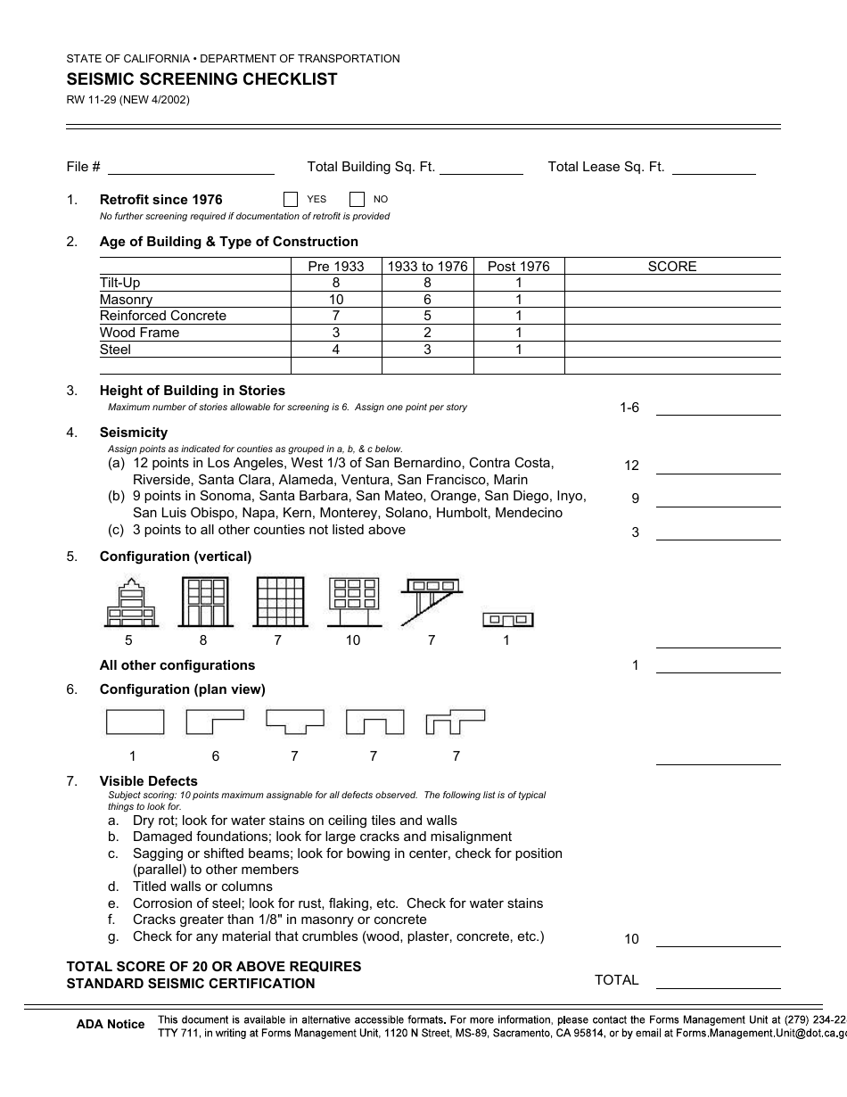 Form RW11-29 Seismic Screening Checklist - California, Page 1