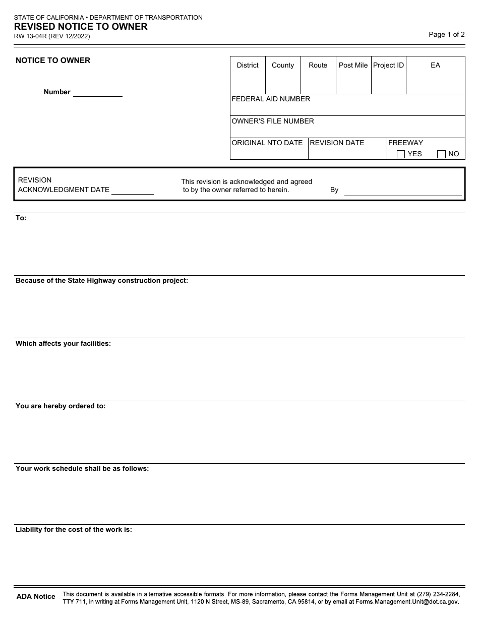 Form RW13-04R Revised Notice to Owner - California, Page 1