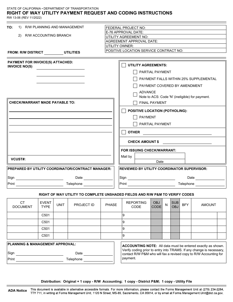 Form RW13-06 Right of Way Utility Payment Request and Coding Instructions - California, Page 1