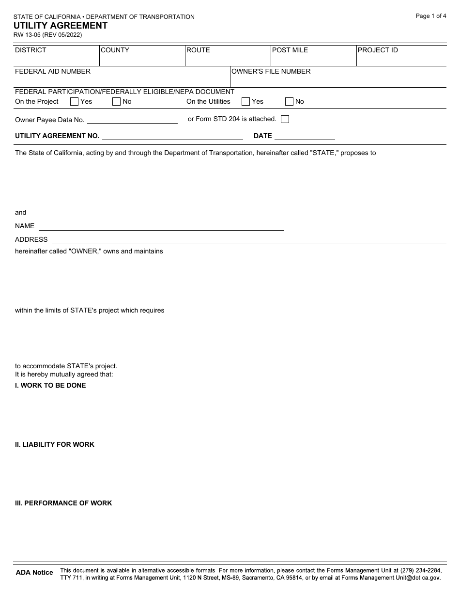 Form RW13-05 Utility Agreement - California, Page 1
