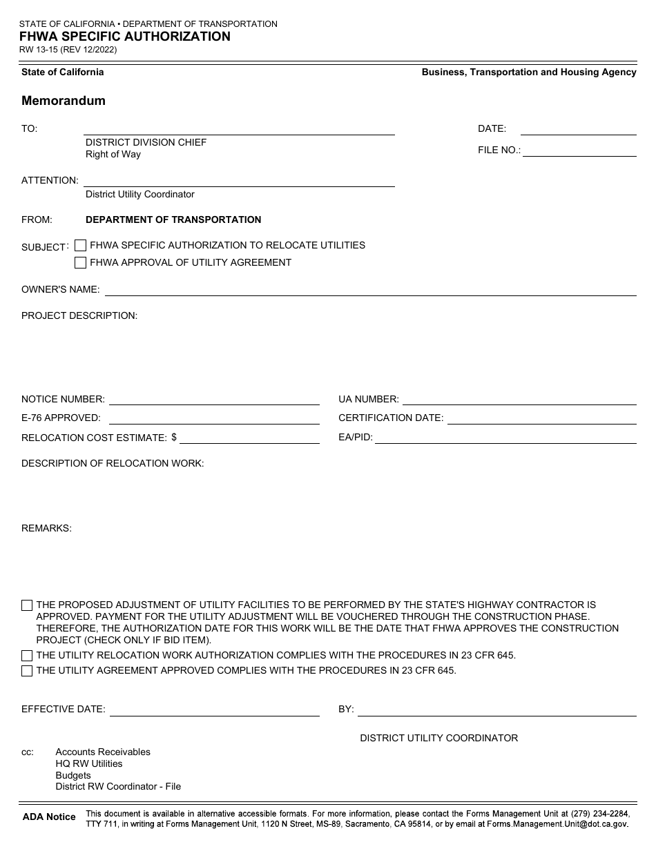 Form RW13-15 Fhwa Specific Authorization - California, Page 1