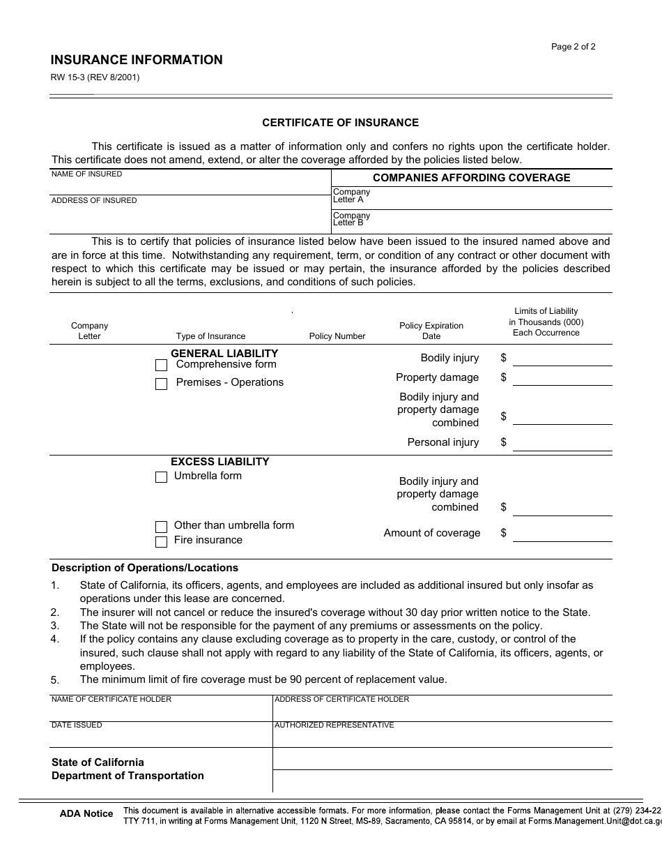 Form RW15-3 Insurance Information - California, Page 2