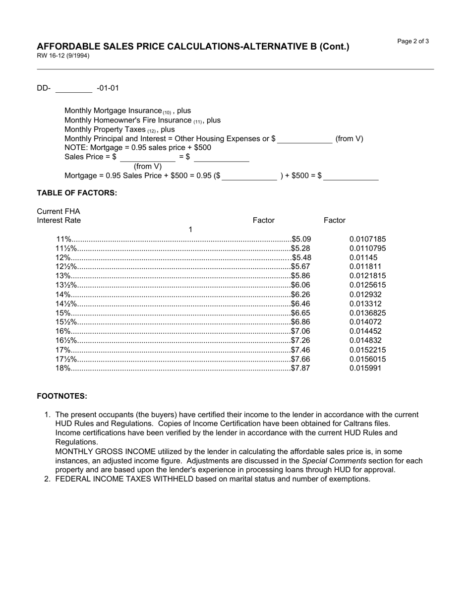 Form RW16-12 Affordable Sales Price Calculations - Alternative B - California, Page 2