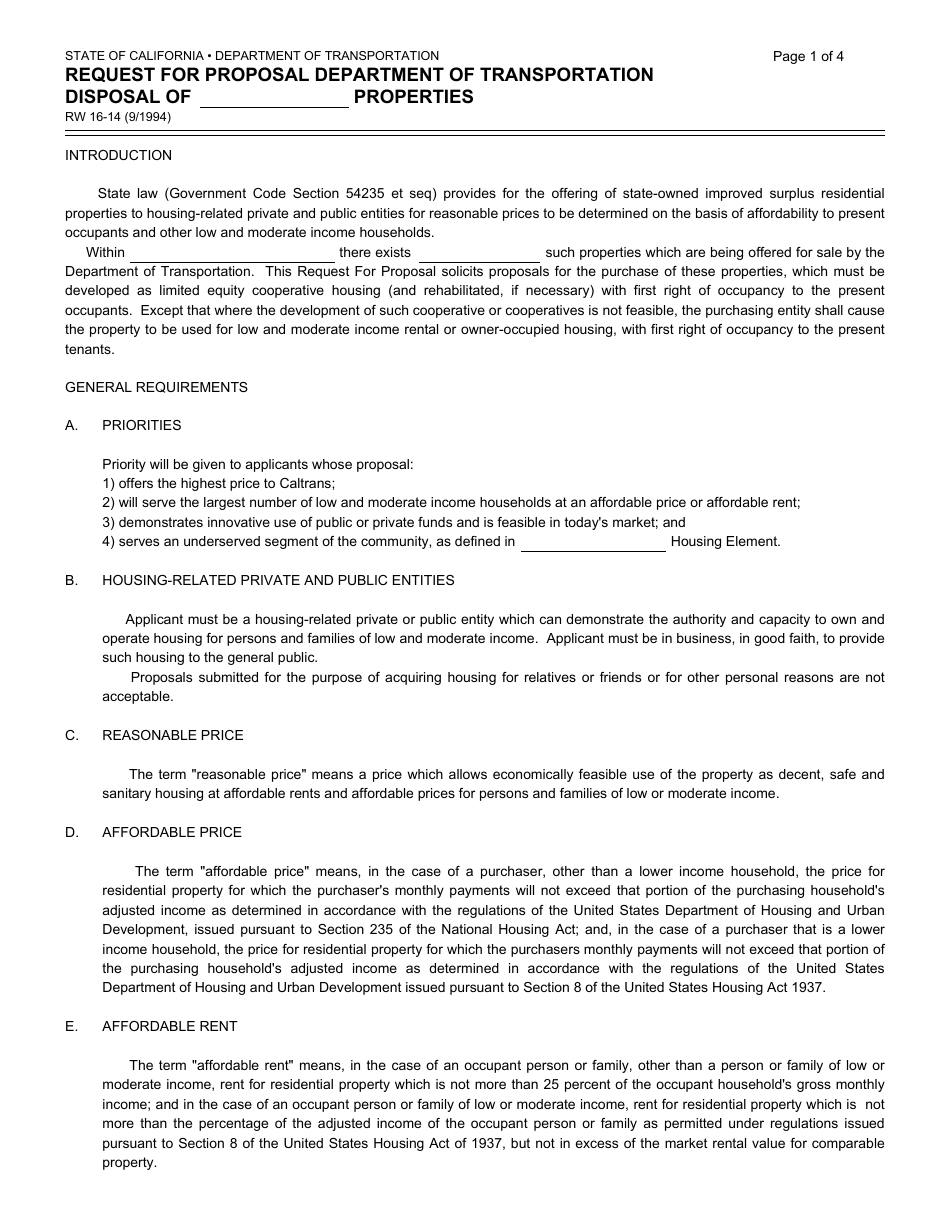 Form RW16-14 Request for Proposal Department of Transportation Disposal of Properties - California, Page 1