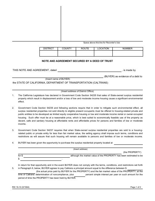Form RW16-16 Note and Agreement Secured by a Deed of Trust - California