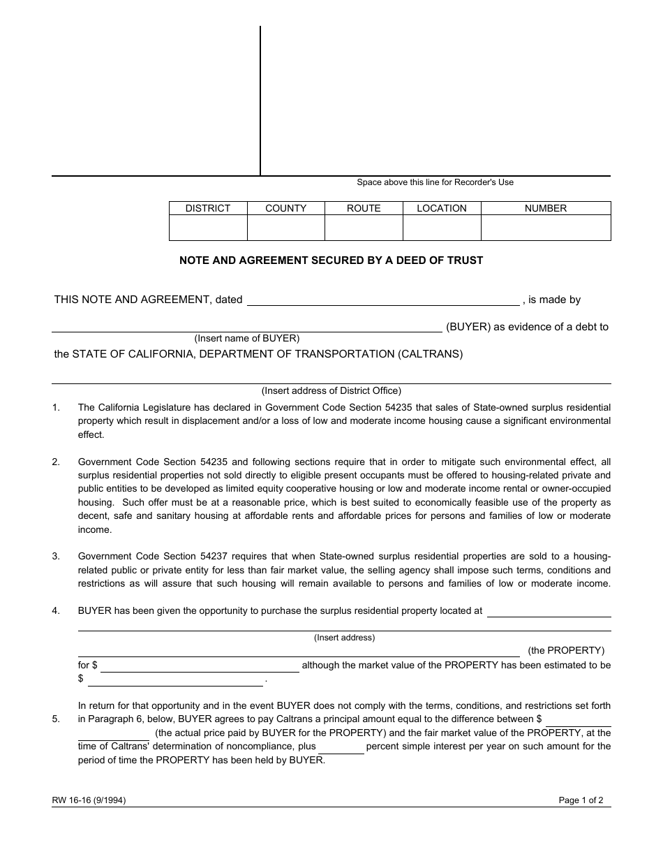 Form RW16-16 Note and Agreement Secured by a Deed of Trust - California, Page 1