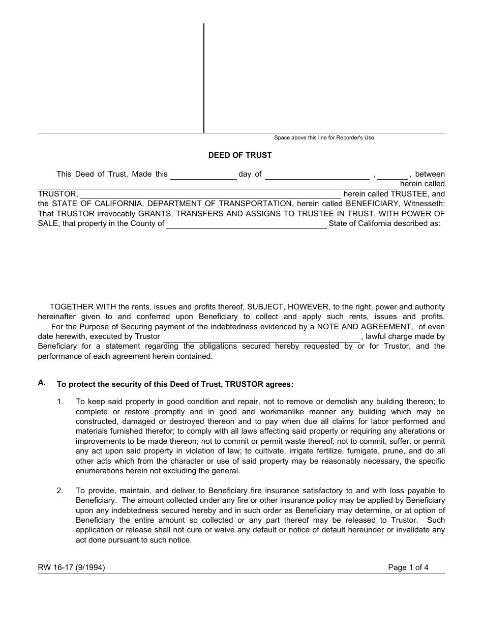 Form RW16-17 Deed of Trust - California, Page 1