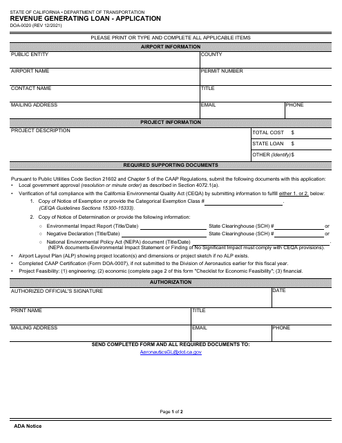 Form DOA-0020 Revenue Generating Loan - Application - California