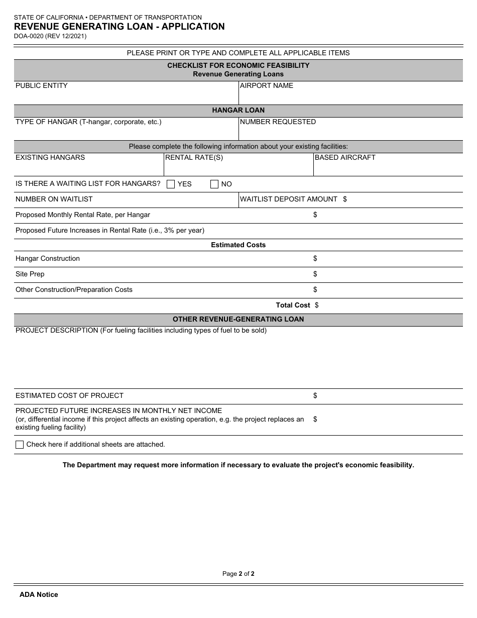 Form DOA-0020 Revenue Generating Loan - Application - California, Page 2