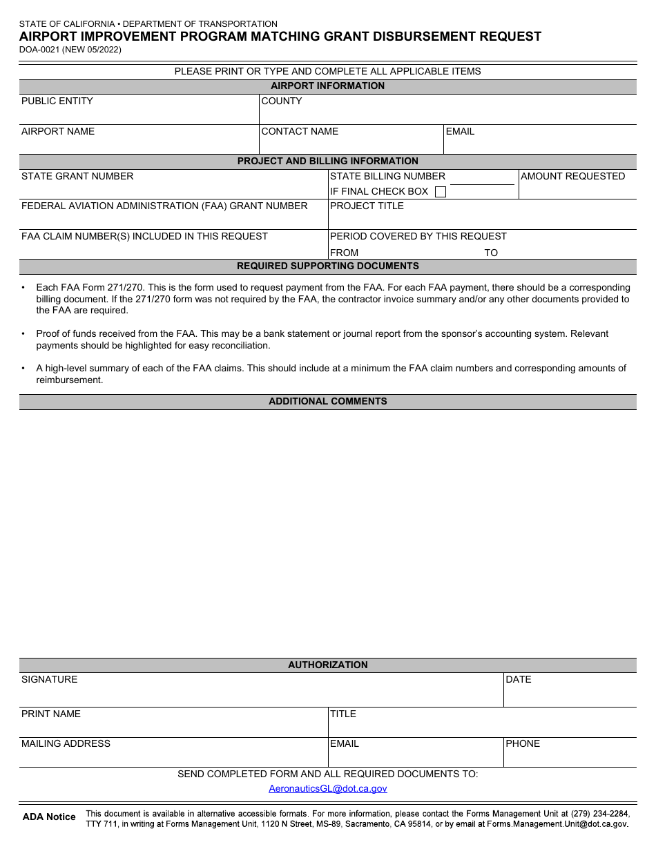 Form DOA-0021 Airport Improvement Program Matching Grant Disbursement Request - California, Page 1