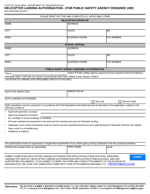 Form DOA-0205 Helicopter Landing Authorization - (For Public Safety Agency Designee Use) - California