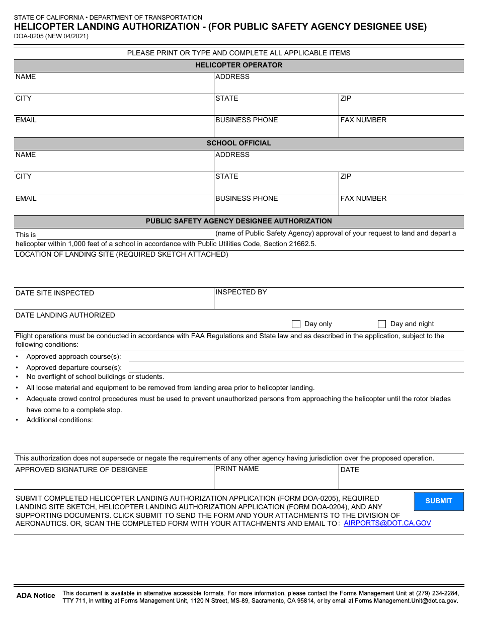 Form DOA-0205 Helicopter Landing Authorization - (For Public Safety Agency Designee Use) - California, Page 1