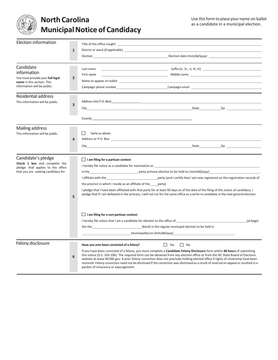 North Carolina Municipal Notice Of Candidacy Fill Out Sign Online And Download Pdf 3756