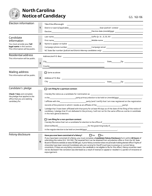 Notice of Candidacy - North Carolina Download Pdf