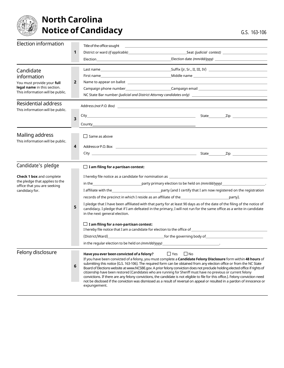 Notice of Candidacy - North Carolina, Page 1