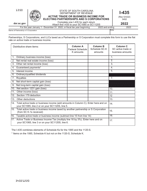 Form I-435 Active Trade or Business Income for Electing Partnerships and S Corporations - South Carolina, 2022