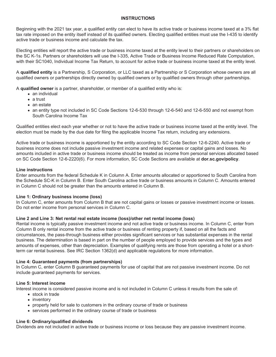 Form I-435 Active Trade or Business Income for Electing Partnerships and S Corporations - South Carolina, Page 2