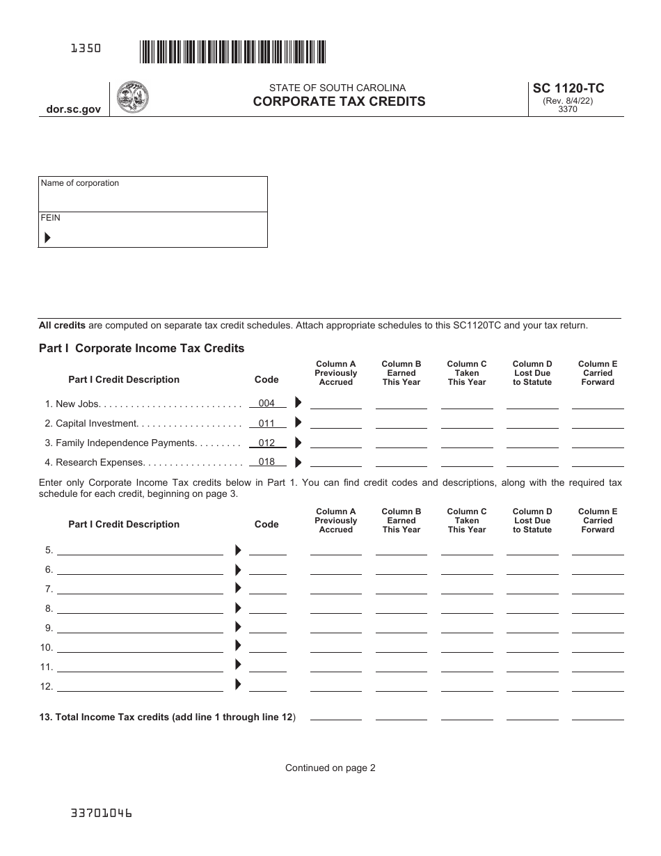 Form SC1120-TC Corporate Tax Credits - South Carolina, Page 1