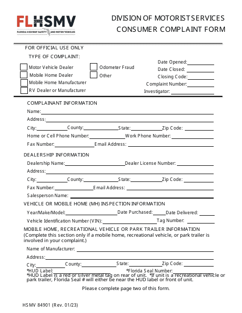 Form HSMV84901 Consumer Complaint Form - Florida